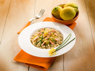 risotto with fresh salmon chive and lemon peel, healthy food