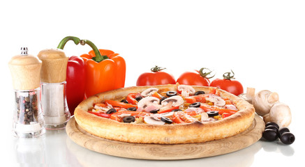 Aromatic pizza with vegetables and mushrooms isolated on white