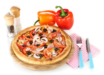 Aromatic pizza with vegetables isolated on white