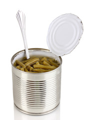 Open tin can of french bean with spoon isolated on white