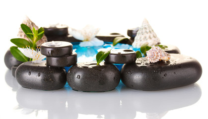 Composition of spa stones, blue water, petals and leaves