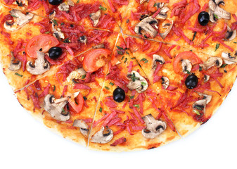 delicious pizza with vegetables and  salami isolated on white.