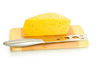 tasty cheese and knife on wooden cutting board isolated on