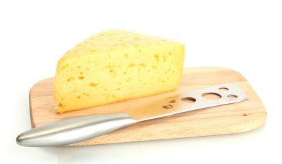 tasty cheese and knife on wooden cutting board isolated on