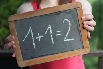 alte Schultafel mit Kreideschrift ‘1+1=2'