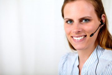 Friendly caucasian operator smiling and speaking