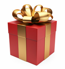 Gift 3D. Red box, bow and ribbon. Isolated on white background