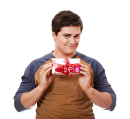 A man holding present box on white background.