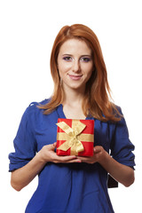 Beautiful red-haired girl with present box.