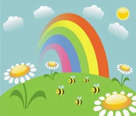 Poster Zomerlandschap met regenboog © shinshilla