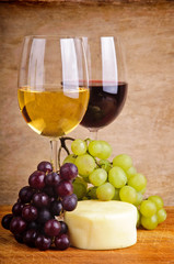 still life with grapes, cheese and wine