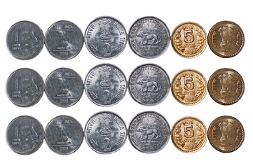3 rows Indian currency Coins isolated on white copy space