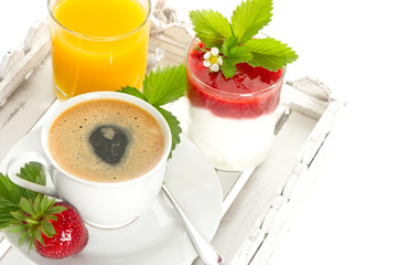 coffee, orange juice and strawberry yogurt