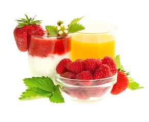 fresh strawberry yogurt and orange juice