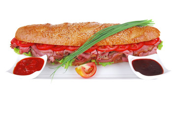 sandwich : french baguette with smoked sausage
