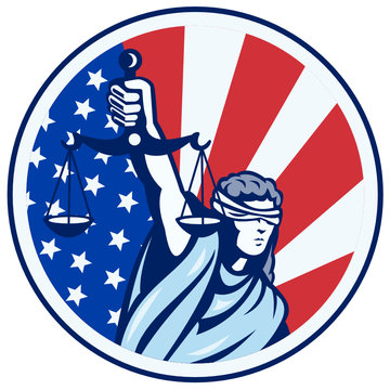 American Lady Holding Scales of Justice Flag retro