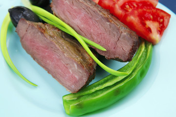 meat savory : grilled beef fillet mignon on blue plate