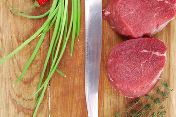 fresh fillet chops : raw beef fillet on wood
