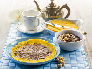 maize pancakes with hazelnut cream, healthy breakfast