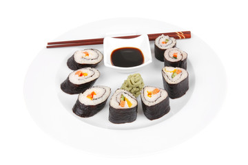 Maki Sushi rolls on white plate with soysauce