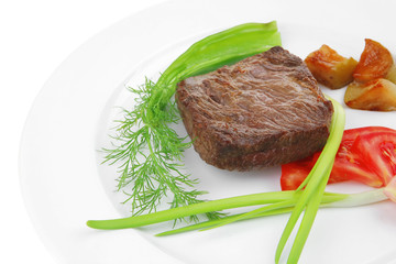 meat food : roast beef fillet mignon served on white with sprout