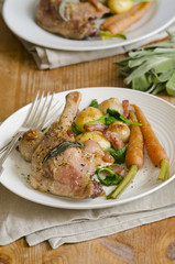 Salt duck with spinach, potatoes and bacon