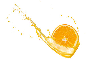 Orange slice in juice splash, isolated on white background