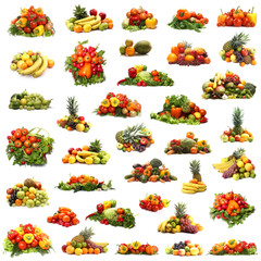 A collage of piles of fresh and tasty fruits and vegetables