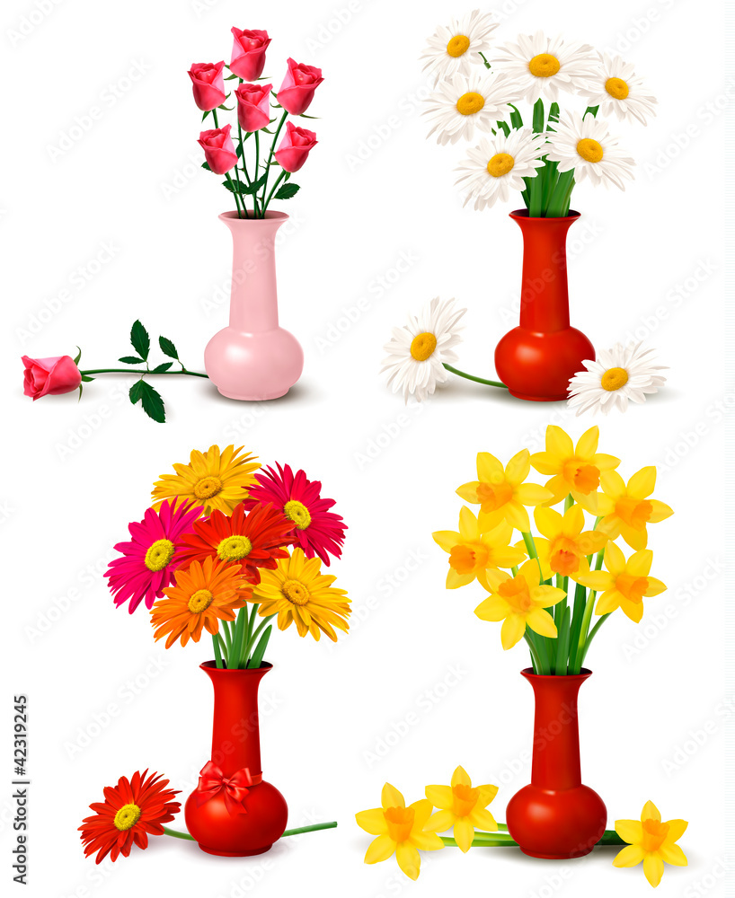 Poster spring and summer colorful flowers in vases vector