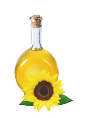 oil in bottle and sunflower isolated on white