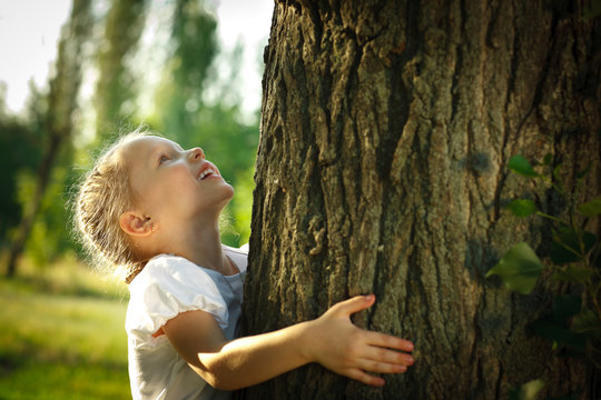 Little girl hugging a tree, looking up