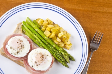 Poached Eggs on Toast Served with Roasted Vegetables