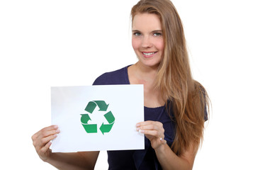 A woman promoting recycling.