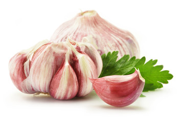 Fresh garlic with parsley isolated on white