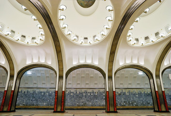 Metro station Mayakovskaya in Moscow, Russia. Old subway interior. 