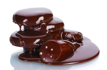 Сhocolate cookies poured chocolate isolated on white