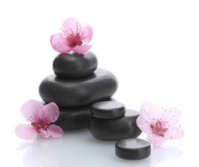 Spa stones and pink sakura flowers isolated on white.