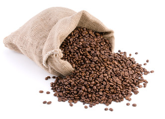 Burlap sack full of coffee beans isolated on white