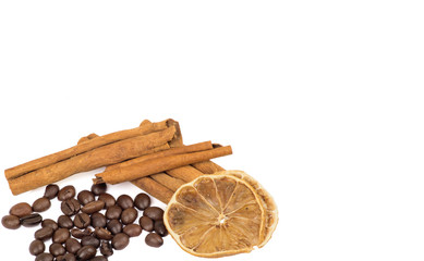 coffee beans, cinnamon and lemon