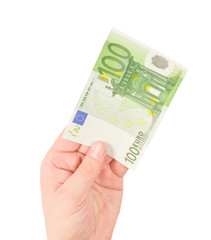 Money (Euro) in a hand isolated on white