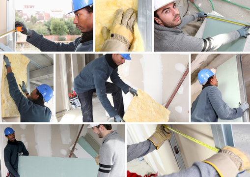 Montage of builders fitting insulation and plasterboard