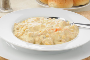 Closeup of a bowl of corn chowder
