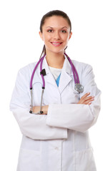 Fototapeta premium A portrait of a female doctor, isolated on white
