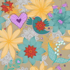 seamless floral background with heart and bird