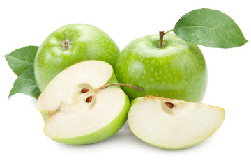 Green apples and half of apple Isolated on a white background