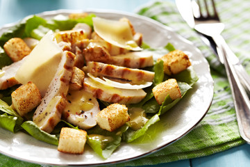 Caesar Salad with Grilled Chicken on White Plate