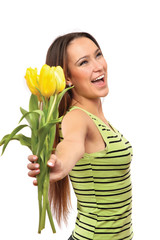 picture of happy woman with yellow tulips over white