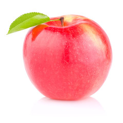 One red juicy apple with green leaf on white background