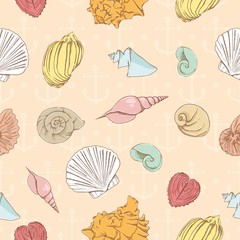 Seamless pattern with marine seashells