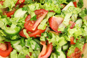 Fresh salad with tomatoes and cucumbers close-up